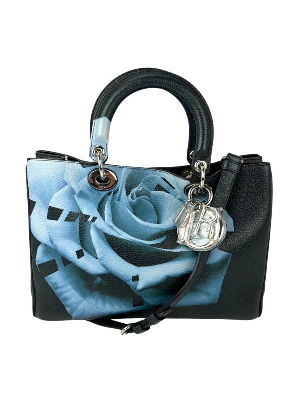 Christian Dior Dark Green Leather Lady Dior Bag With Floral Print Tote Bag